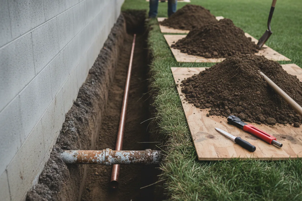 Excavated water line trench during Sewer Line Repair in West Lebanon